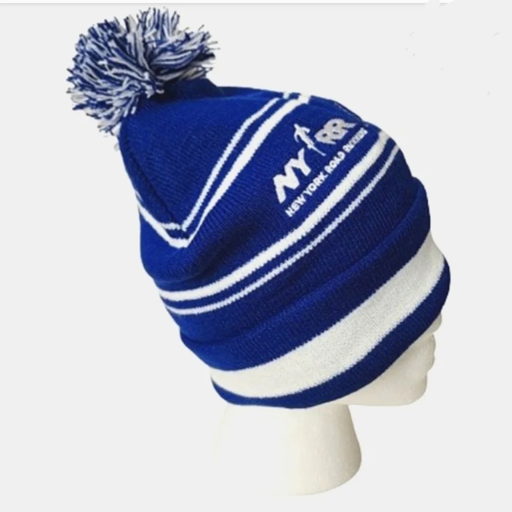 Blue And White Striped Pom Pom Knit Hat